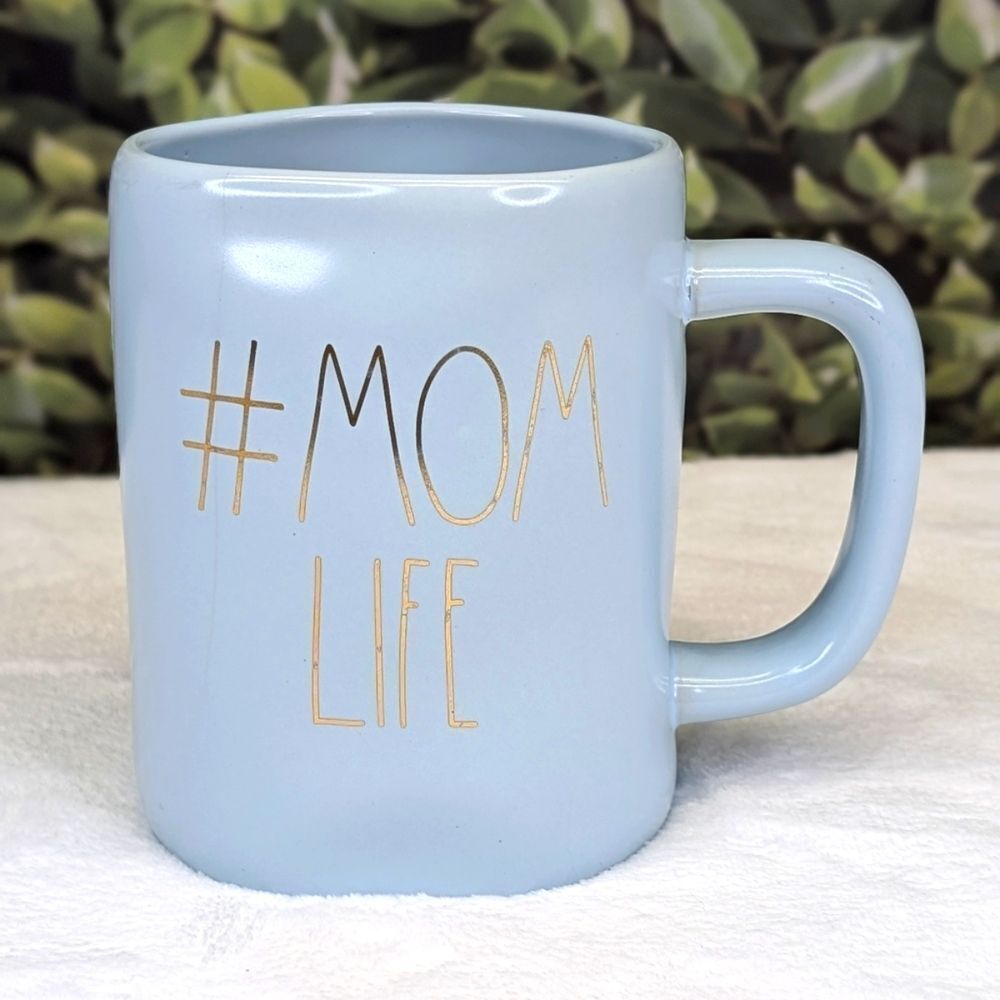 Rae Dunn #MOM LIFE Baby Blue Ceramic Mug with Gold Lettering
